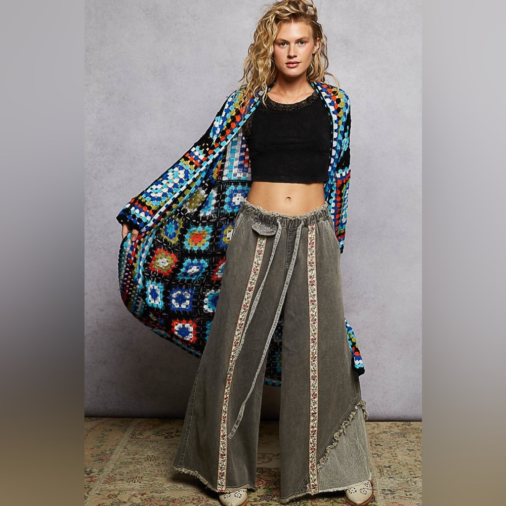 #127 New! Pol Gorgeous Boho Multi Colored Crochet Patchwork Sweater Coat - Picture 2 of 3